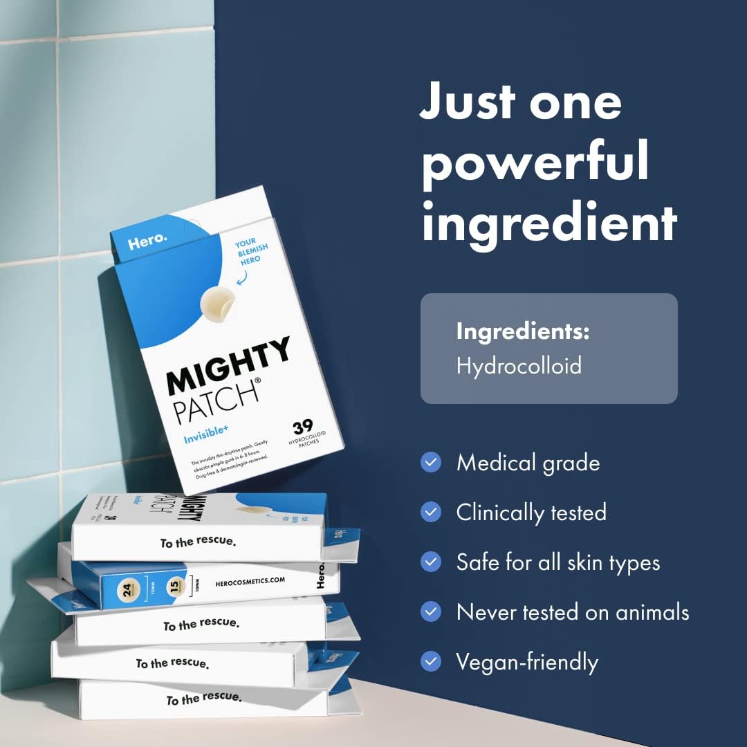 Mighty Patch™ Invisible+ Patch – The Barely-There Daytime Hydrocolloid Acne Pimple Patch for Covering Zits and Blemishes, Tapered Edges Designed to Blend Into Skin (72ct)