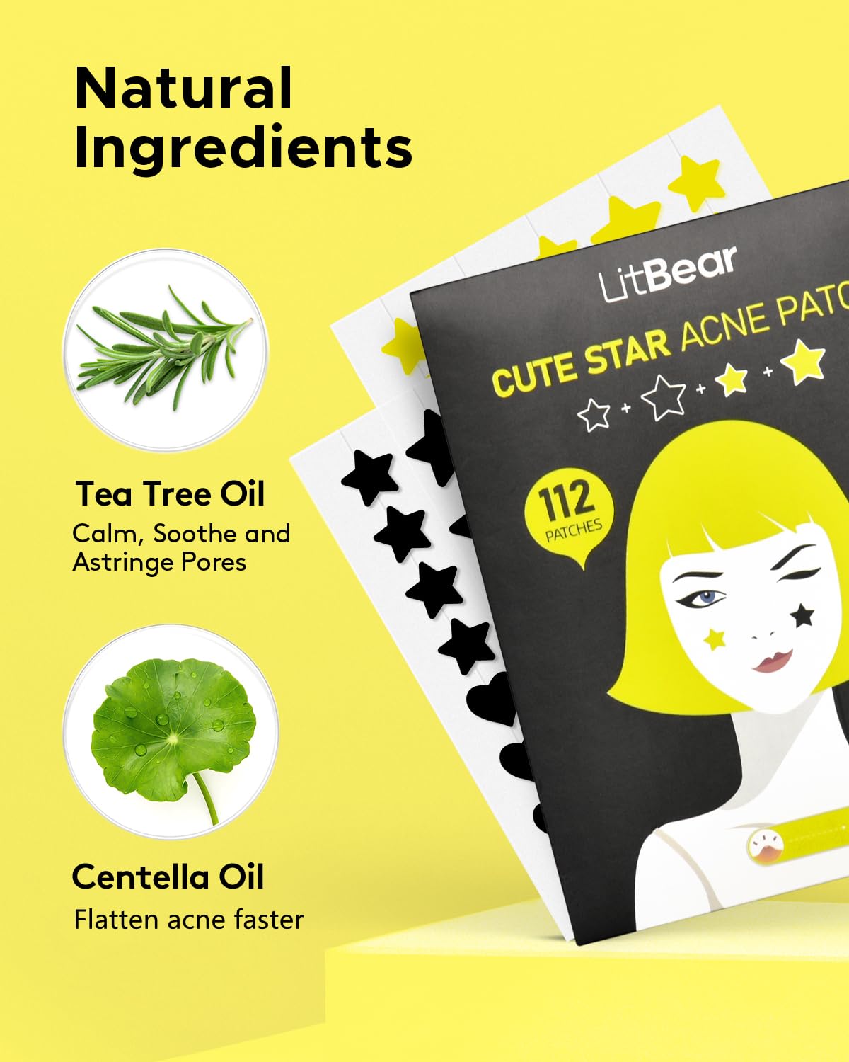 LitBear Acne Patch Pimple Patch, Black Star & Heart Shaped Acne Absorbing Cover Patch, Hydrocolloid Acne Patches For Face Zit Patch Pimple Sticker Acne Dots, Tea Tree Oil + Centella (108 Count)
