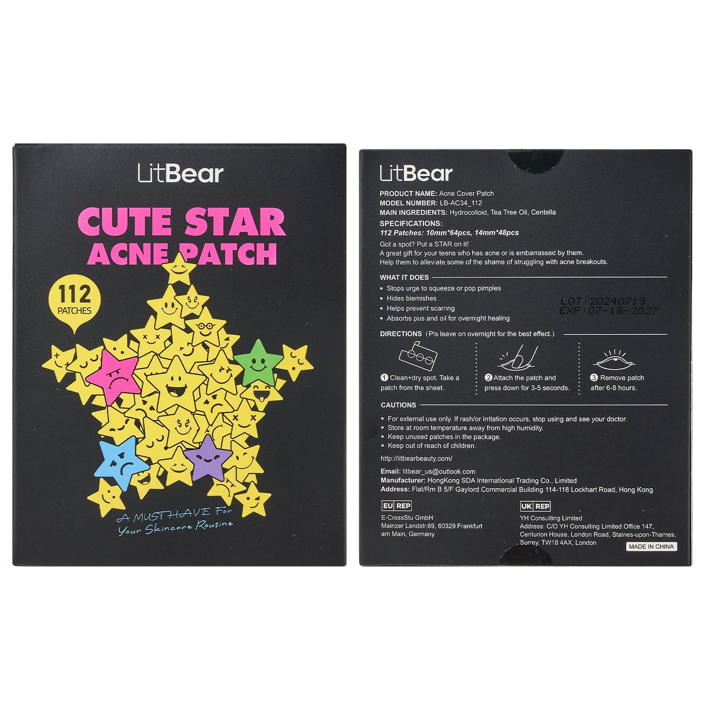 LitBear Acne Patch Pimple Patch, Black Star & Heart Shaped Acne Absorbing Cover Patch, Hydrocolloid Acne Patches For Face Zit Patch Pimple Sticker Acne Dots, Tea Tree Oil + Centella (108 Count)