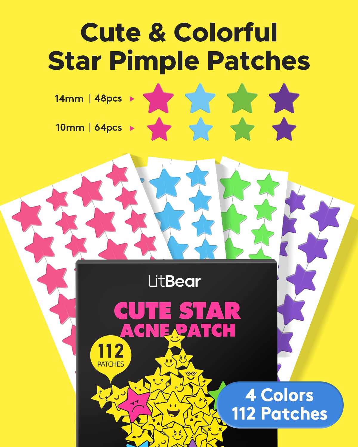 LitBear Acne Patch Pimple Patch, Black Star & Heart Shaped Acne Absorbing Cover Patch, Hydrocolloid Acne Patches For Face Zit Patch Pimple Sticker Acne Dots, Tea Tree Oil + Centella (108 Count)
