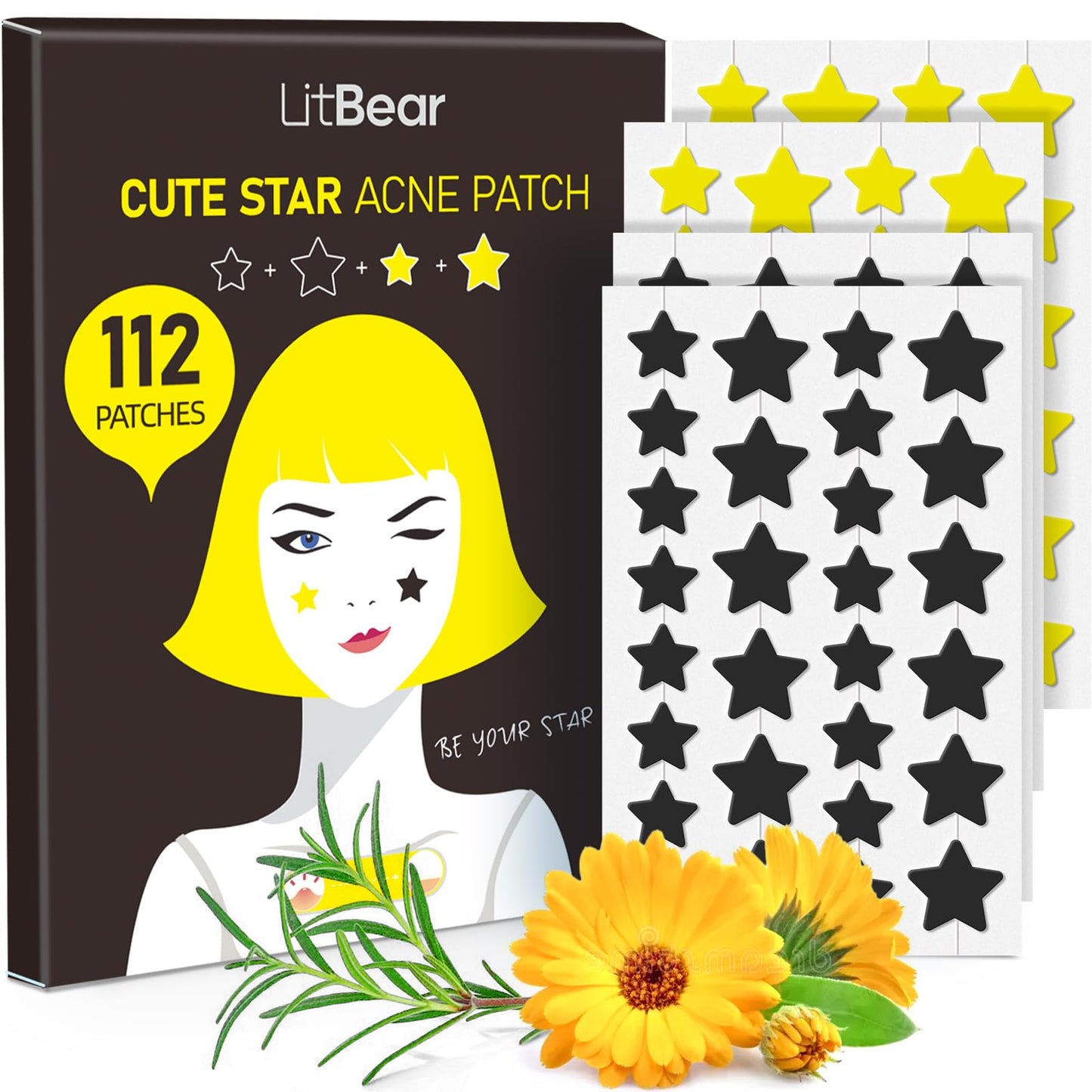 LitBear Acne Patch Pimple Patch, Black Star & Heart Shaped Acne Absorbing Cover Patch, Hydrocolloid Acne Patches For Face Zit Patch Pimple Sticker Acne Dots, Tea Tree Oil + Centella (108 Count)