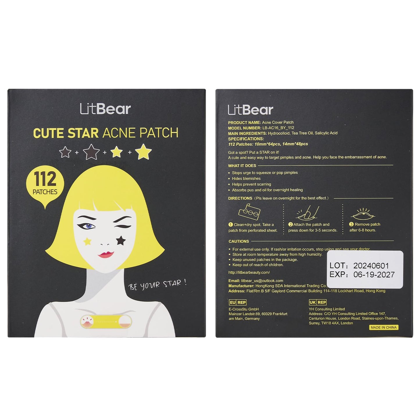 LitBear Acne Patch Pimple Patch, Black Star & Heart Shaped Acne Absorbing Cover Patch, Hydrocolloid Acne Patches For Face Zit Patch Pimple Sticker Acne Dots, Tea Tree Oil + Centella (108 Count)
