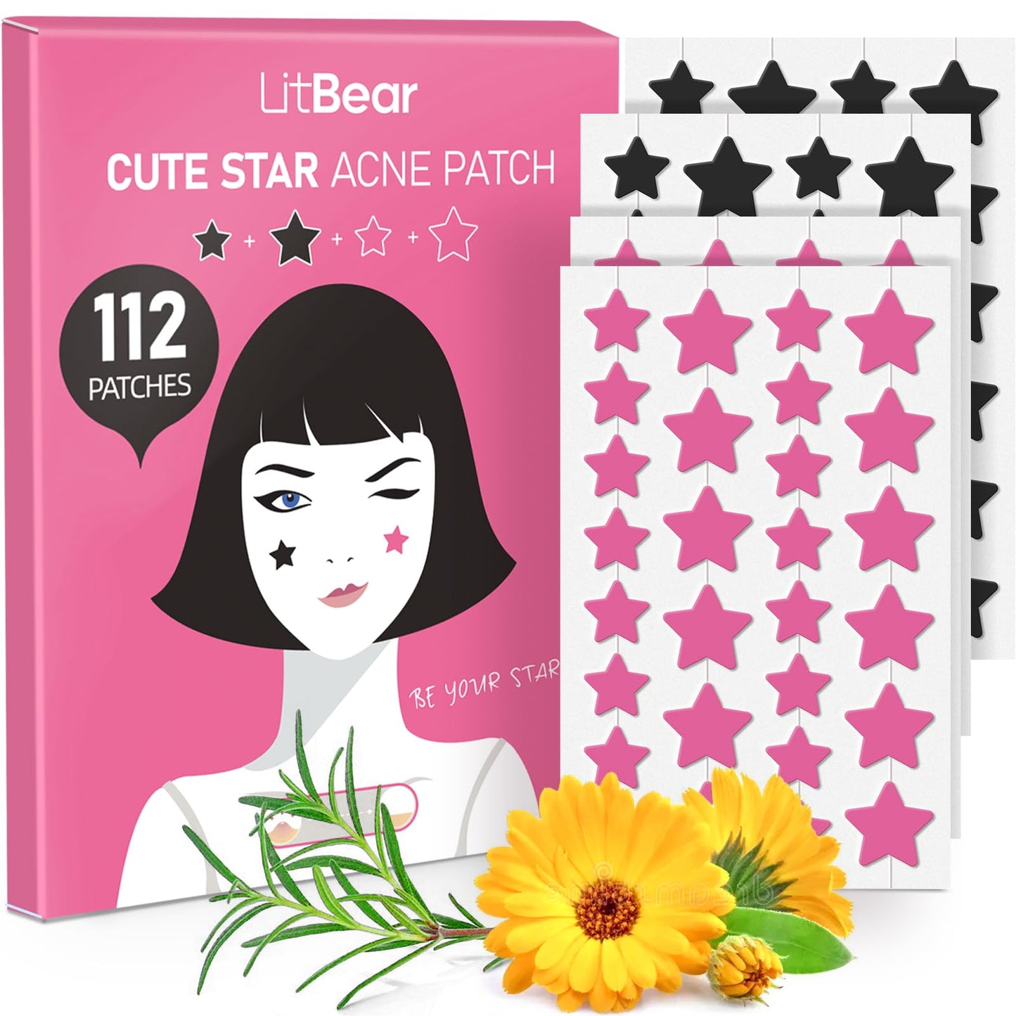 LitBear Acne Patch Pimple Patch, Black Star & Heart Shaped Acne Absorbing Cover Patch, Hydrocolloid Acne Patches For Face Zit Patch Pimple Sticker Acne Dots, Tea Tree Oil + Centella (108 Count)