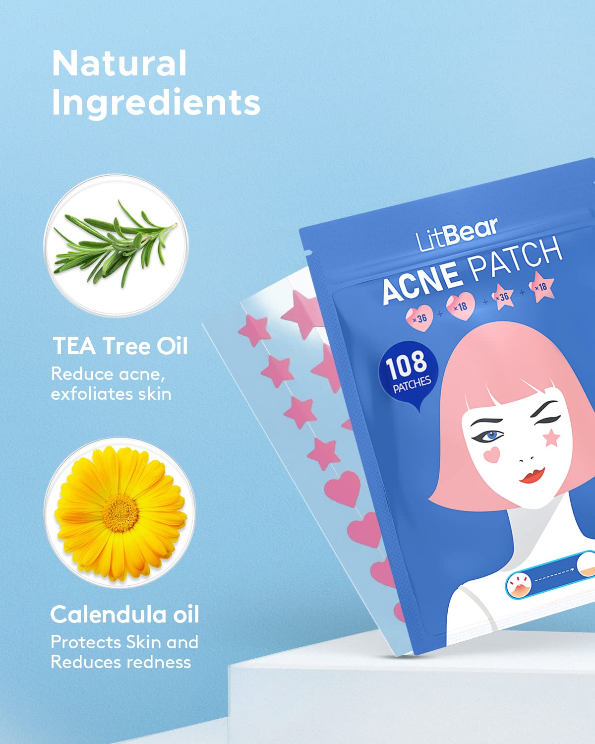 LitBear Acne Patch Pimple Patch, Black Star & Heart Shaped Acne Absorbing Cover Patch, Hydrocolloid Acne Patches For Face Zit Patch Pimple Sticker Acne Dots, Tea Tree Oil + Centella (108 Count)