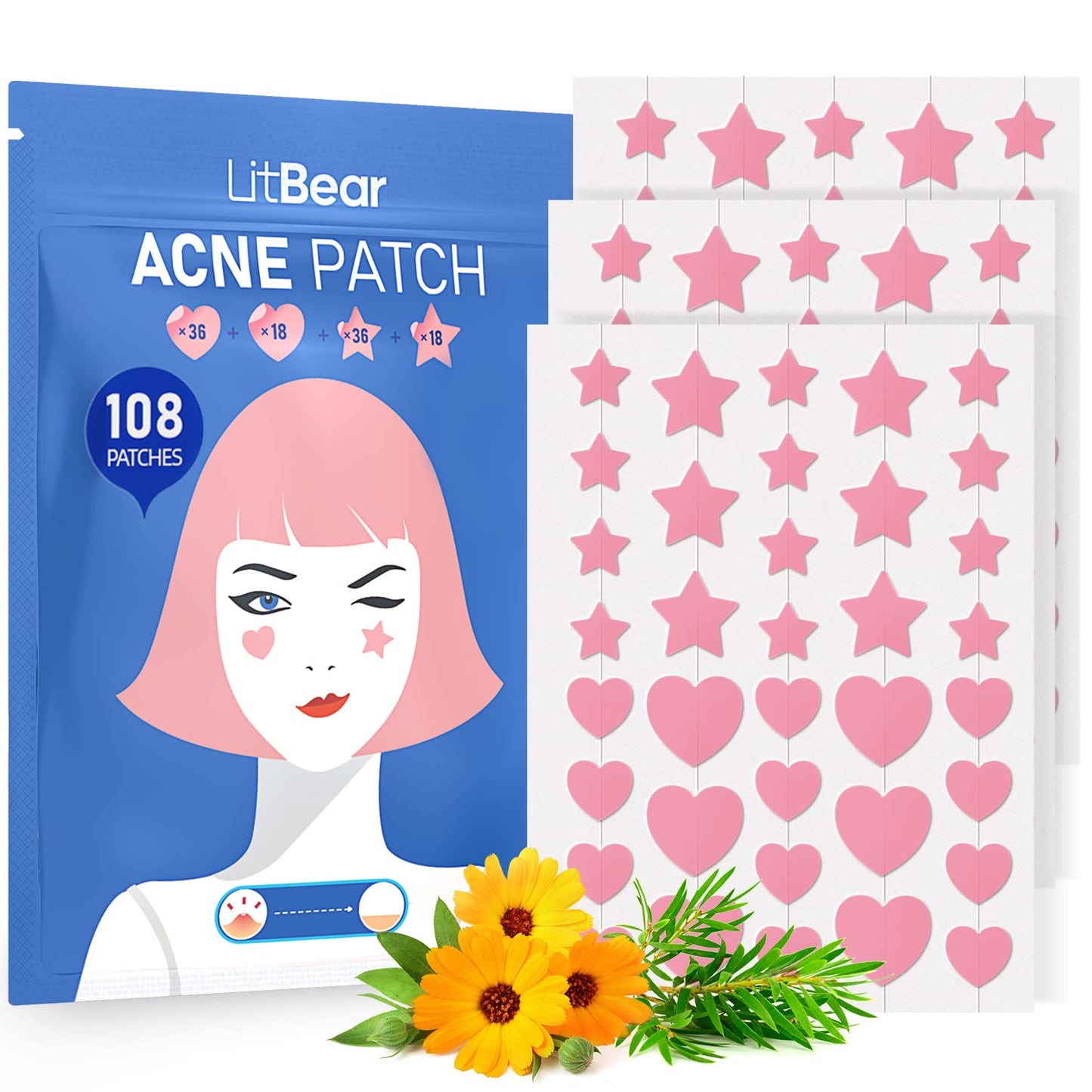 LitBear Acne Patch Pimple Patch, Black Star & Heart Shaped Acne Absorbing Cover Patch, Hydrocolloid Acne Patches For Face Zit Patch Pimple Sticker Acne Dots, Tea Tree Oil + Centella (108 Count)