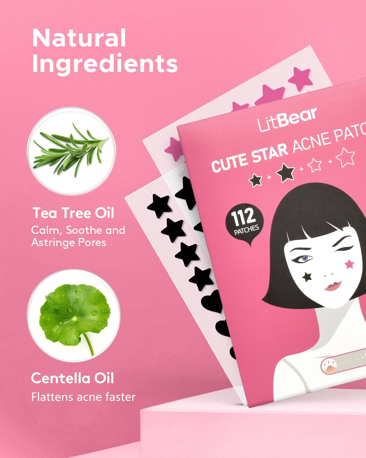 LitBear Acne Patch Pimple Patch, Black Star & Heart Shaped Acne Absorbing Cover Patch, Hydrocolloid Acne Patches For Face Zit Patch Pimple Sticker Acne Dots, Tea Tree Oil + Centella (108 Count)