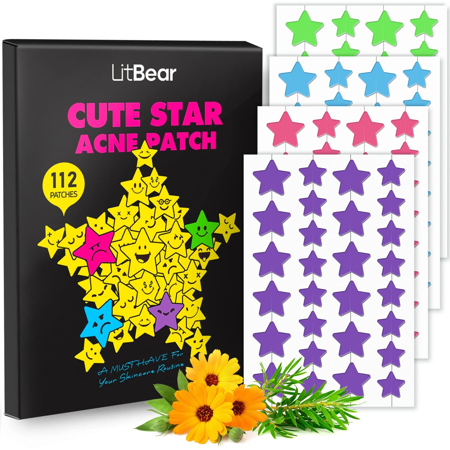 LitBear Acne Patch Pimple Patch, Black Star & Heart Shaped Acne Absorbing Cover Patch, Hydrocolloid Acne Patches For Face Zit Patch Pimple Sticker Acne Dots, Tea Tree Oil + Centella (108 Count)