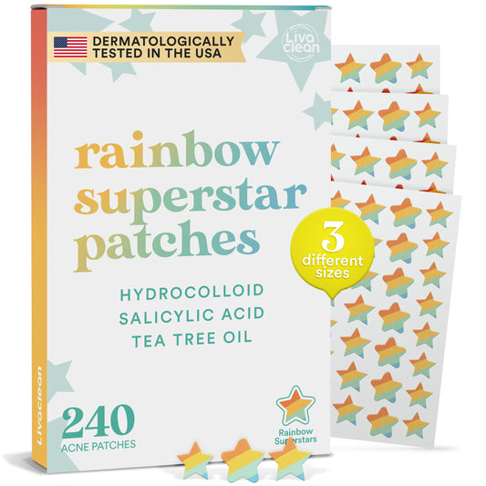 LivaClean Star Pimple Patches for Face w/Hydrocolloid, Salicylic Acid & Tea Tree, 240 Patches, Hydrocolloid Acne Patch, Cute Star Pimple Patch for Healing Stickers Zit Superstar