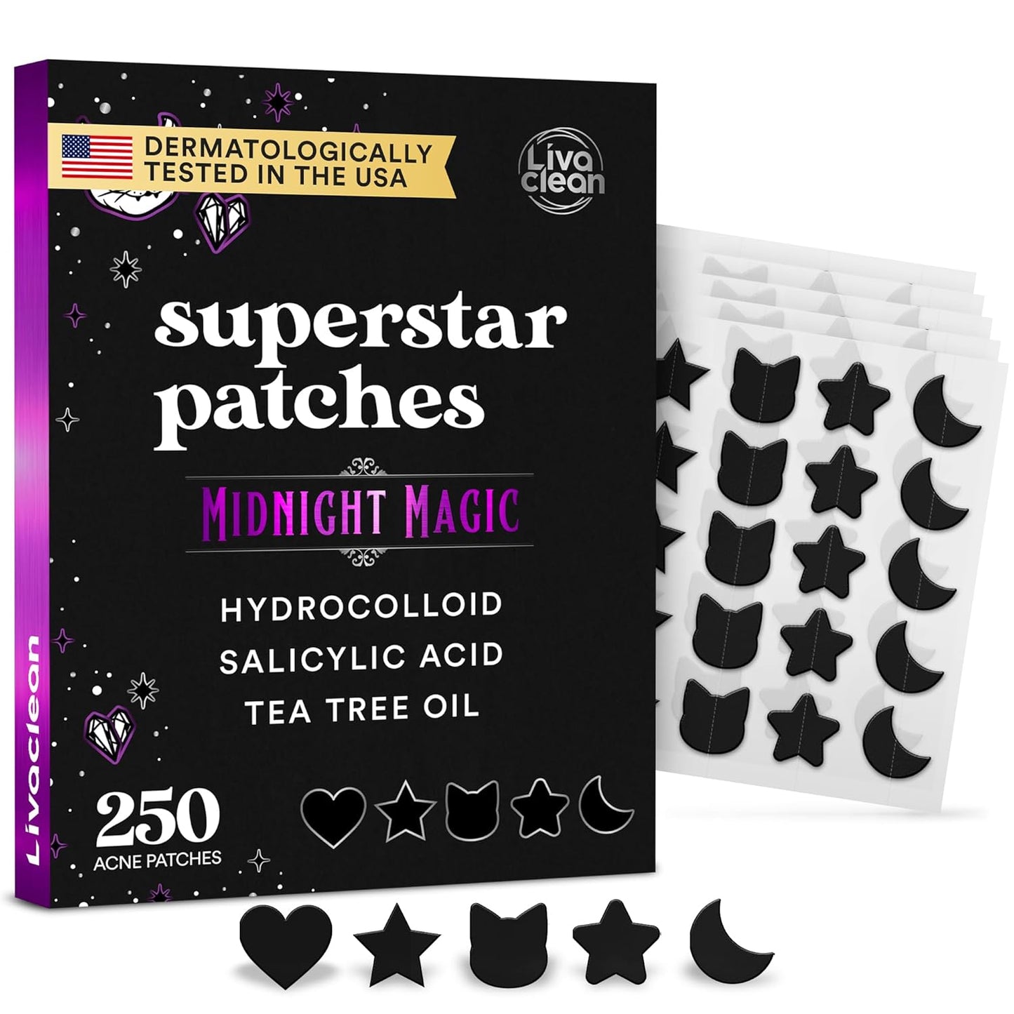 LivaClean 250CT Black Star Pimple Patches Midnight Magic w/Salicylic Acid & Tea Tree Oil - Pimple Patches for Face, Hydrocolloid Acne Patch, Cute Face Stickers, Zit Patch